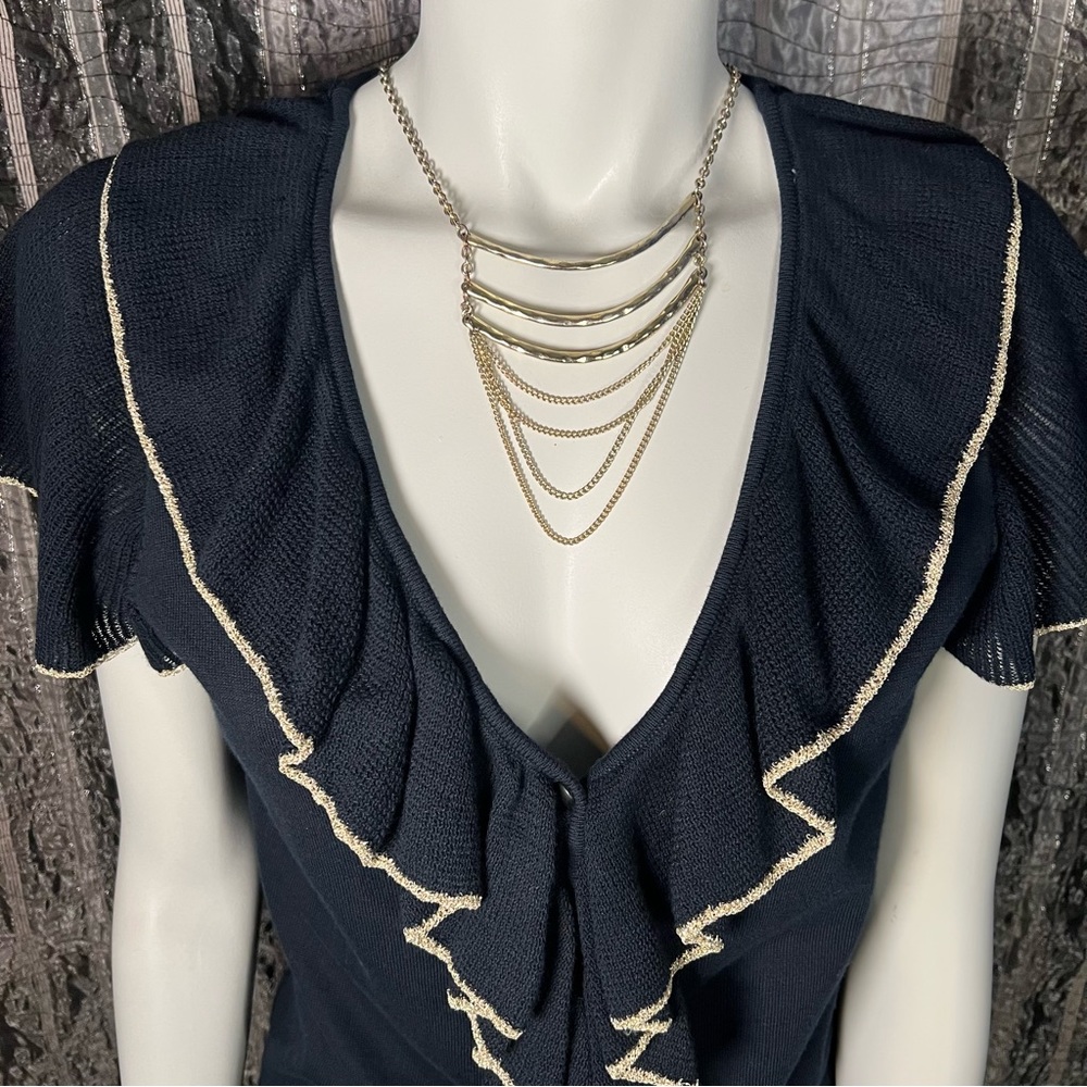 Chaps Navy Button Up Ruffle Front Top - image 1